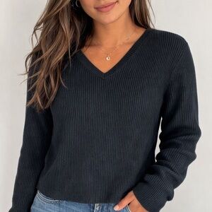 Telluride Clothing Co Ribbed V-Neck Sweater Small | Black Cotton Knit Top